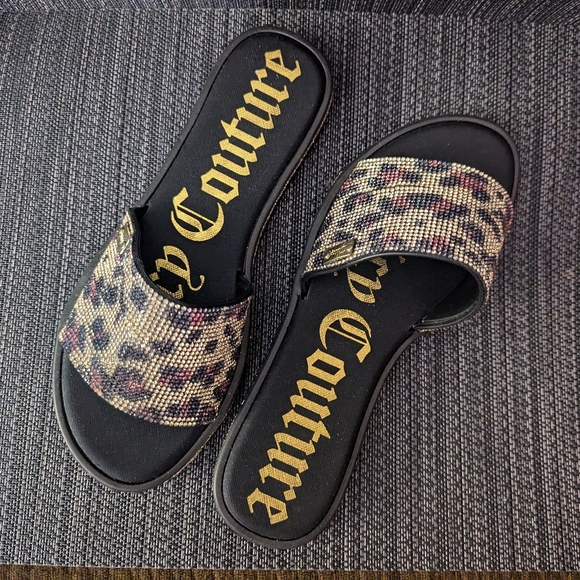 Juicy Couture black and gold gemmed leopard(cheetah) print slide sandal size 7 - Picture 1 of 3